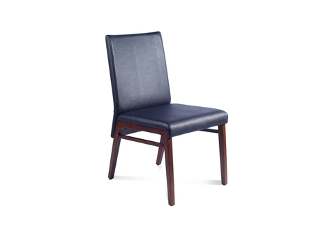 Dining Chair In Black Leather & Walnut